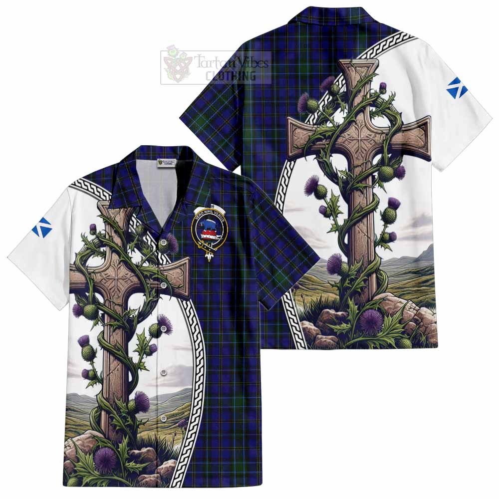 Tartan Vibes Clothing Weir Tartan Short Sleeve Button Shirt with Family Crest and St. Andrew's Cross Accented by Thistle Vines