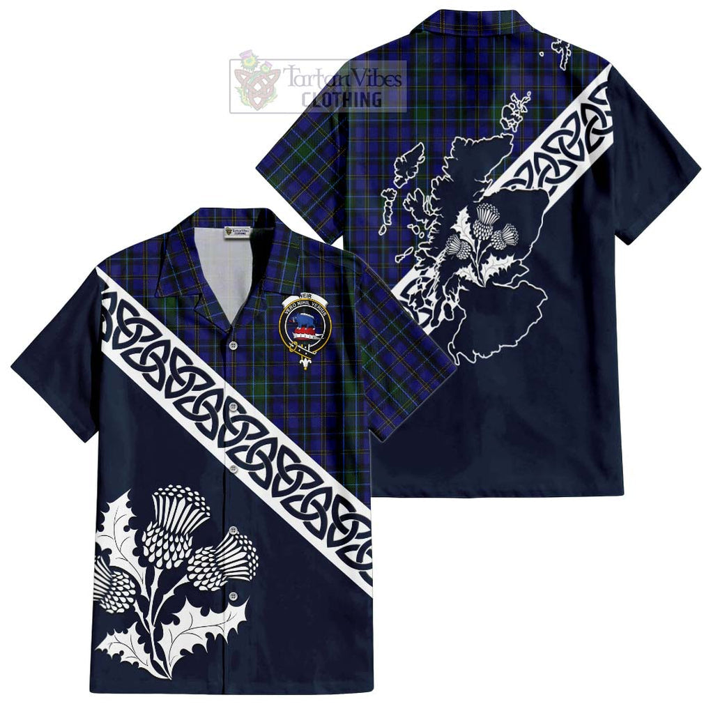 Tartan Vibes Clothing Weir Tartan Short Sleeve Button Shirt Featuring Thistle and Scotland Map