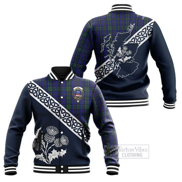 Weir Tartan Baseball Jacket Featuring Thistle and Scotland Map