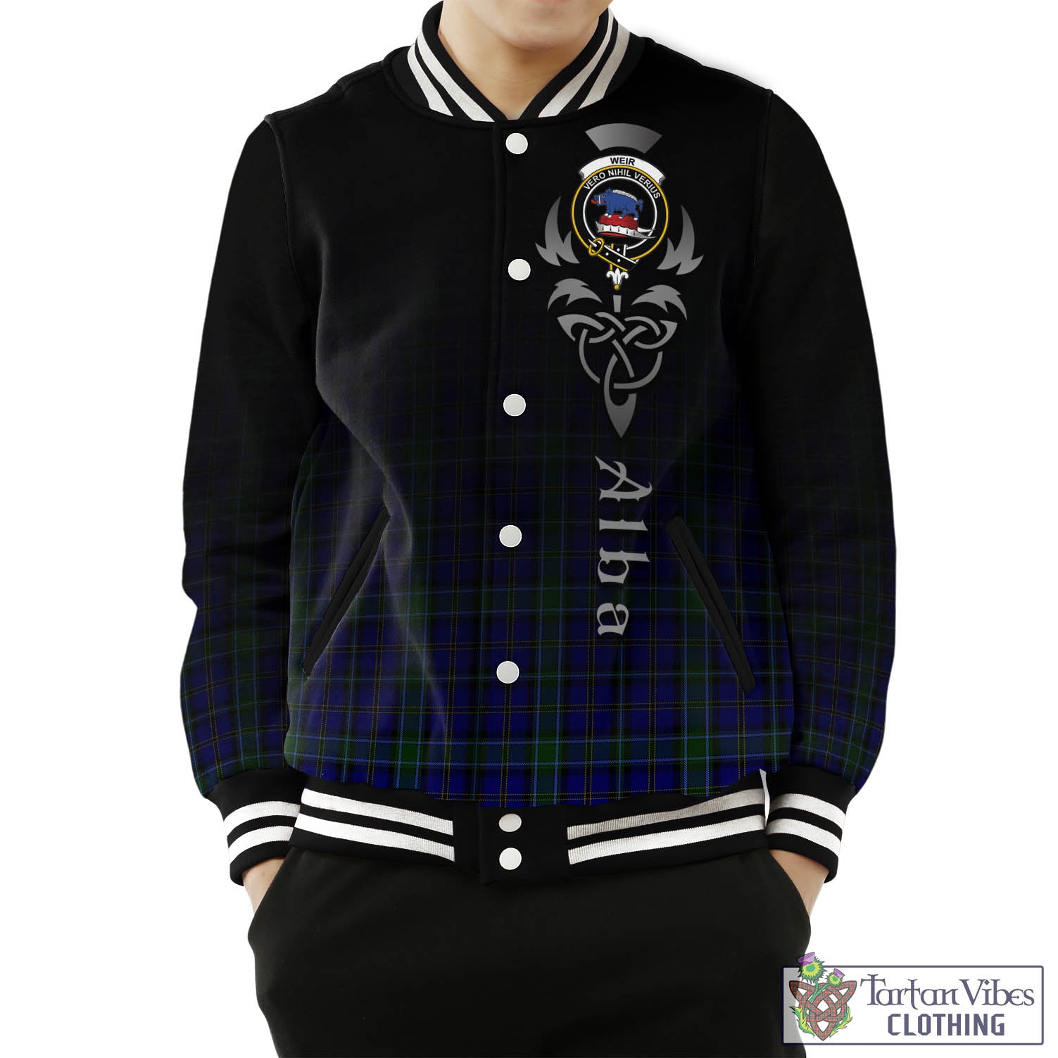 Tartan Vibes Clothing Weir Tartan Baseball Jacket Featuring Alba Gu Brath Family Crest Celtic Inspired