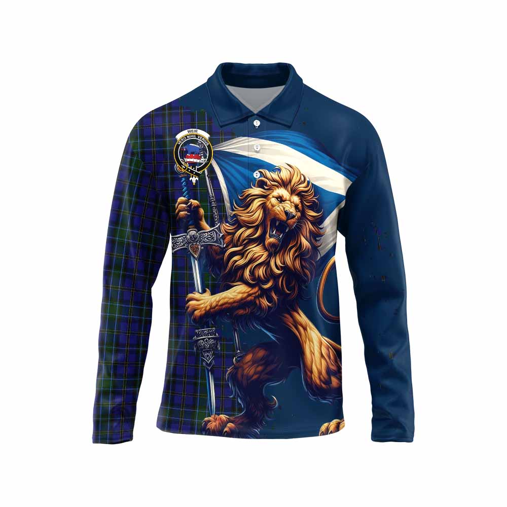 Tartan Vibes Clothing Weir Tartan Family Crest Long Sleeve Polo Shirt with Scottish Majestic Lion