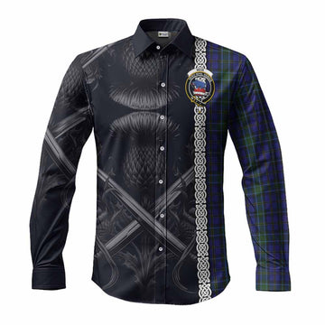 Weir Tartan Long Sleeve Button Shirt with Family Crest Cross Sword Thistle Celtic Vibes