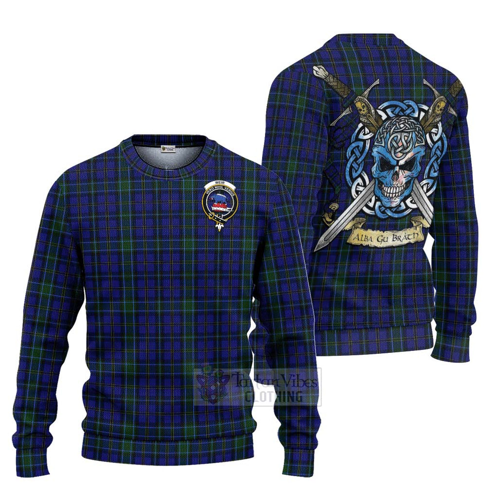 Tartan Vibes Clothing Weir Tartan Knitted Sweater with Family Crest Celtic Skull Style