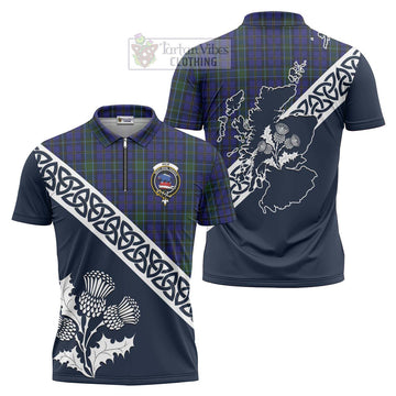 Weir Tartan Zipper Polo Shirt Featuring Thistle and Scotland Map