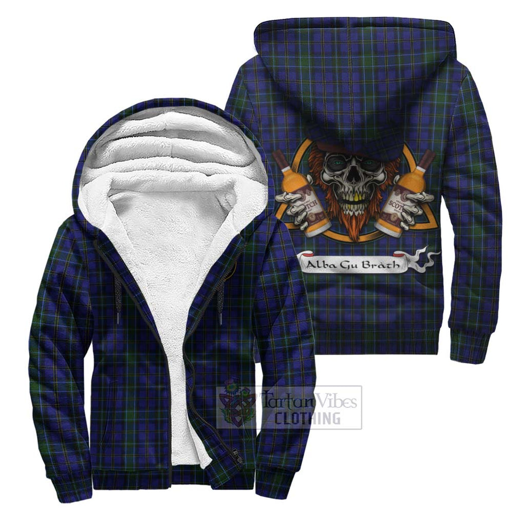 Tartan Vibes Clothing Weir Tartan Sherpa Hoodie with Family Crest and Bearded Skull Holding Bottles of Whiskey