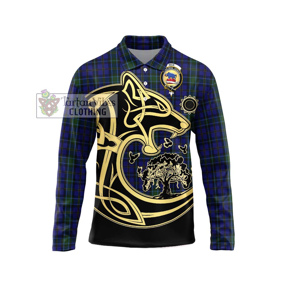 Tartan Vibes Clothing Weir Tartan Long Sleeve Polo Shirt with Family Crest Celtic Wolf Style