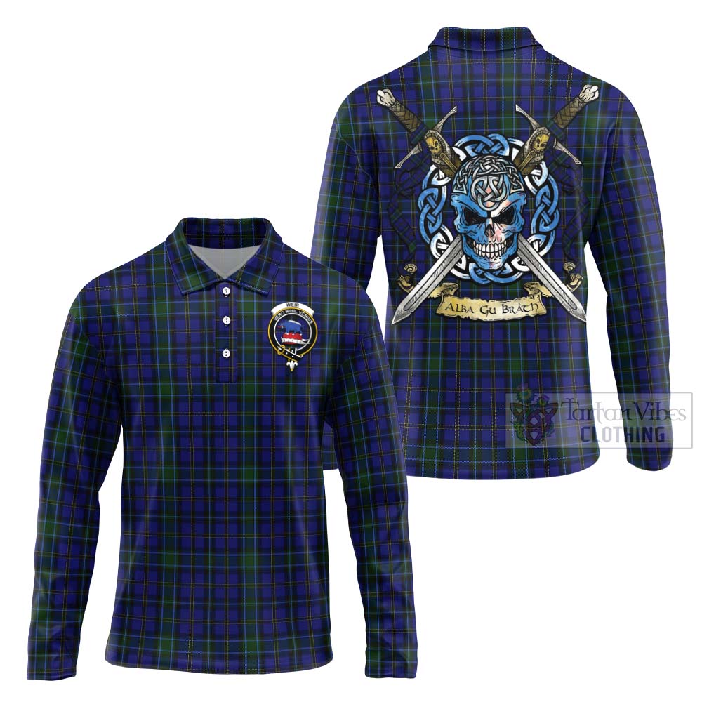 Tartan Vibes Clothing Weir Tartan Long Sleeve Polo Shirt with Family Crest Celtic Skull Style