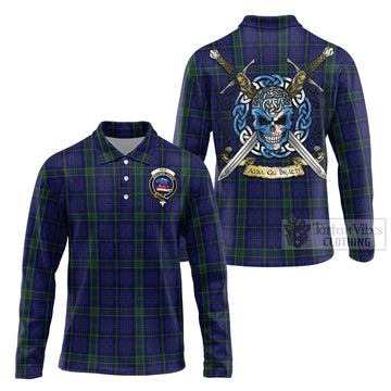 Weir Tartan Long Sleeve Polo Shirt with Family Crest Celtic Skull Style