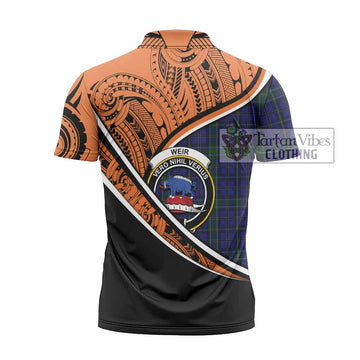 Weir Crest Tartan Zipper Polo Shirt with Polynesian Vibes Style - Orange Version