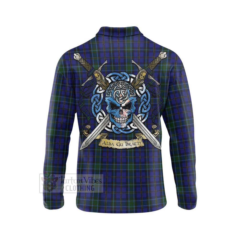 Tartan Vibes Clothing Weir Tartan Long Sleeve Polo Shirt with Family Crest Celtic Skull Style