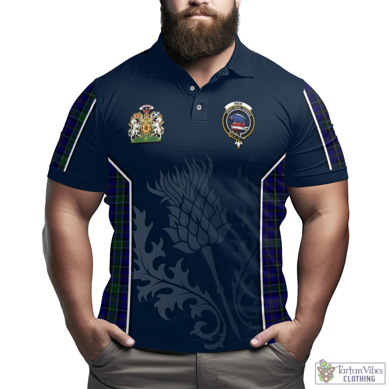 Tartan Vibes Clothing Weir Tartan Men's Polo Shirt with Family Crest and Scottish Thistle Vibes Sport Style