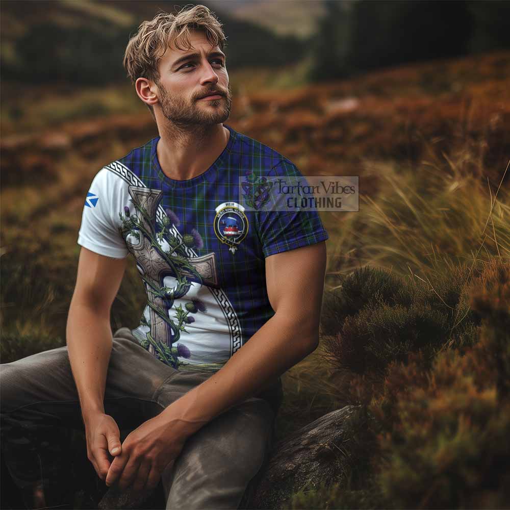 Tartan Vibes Clothing Weir Agnew Tartan T-Shirt with Family Crest and St. Andrew's Cross Accented by Thistle Vines