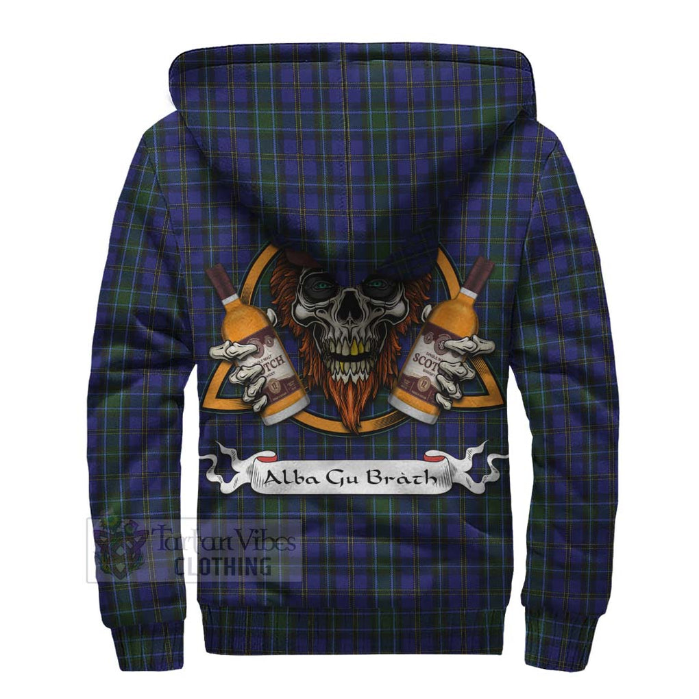 Tartan Vibes Clothing Weir Tartan Sherpa Hoodie with Family Crest and Bearded Skull Holding Bottles of Whiskey