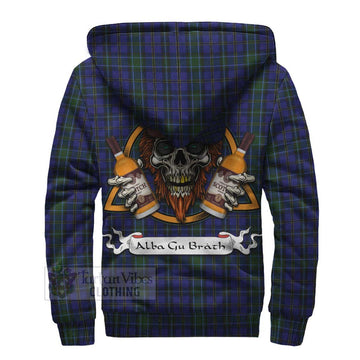 Weir Tartan Sherpa Hoodie with Family Crest and Bearded Skull Holding Bottles of Whiskey