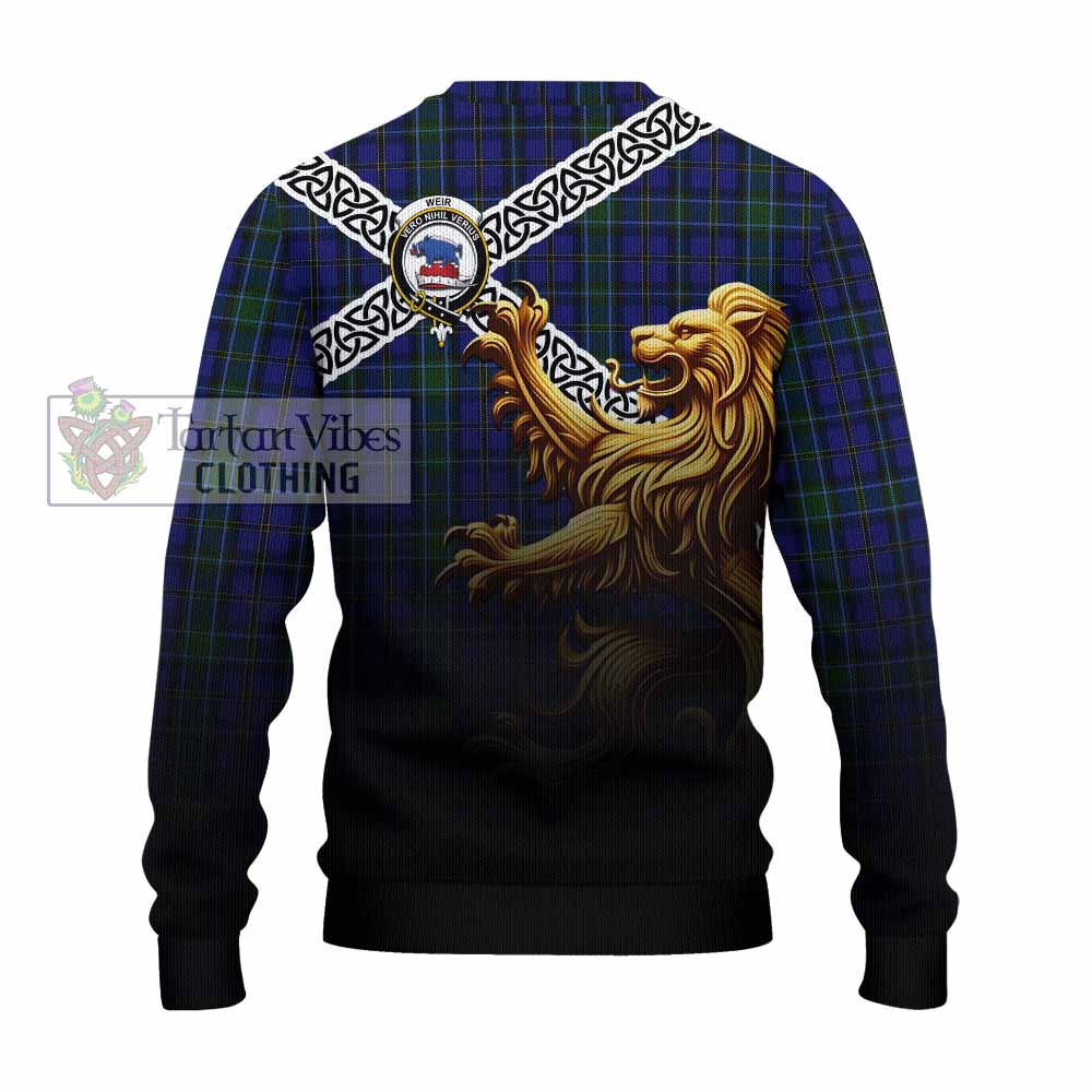 Weir Crest Tartan Knitted Sweater with Golden Lion Emblem Celtic Style - Tartan Vibes Clothing
