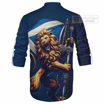 Weir Tartan Family Crest Ghillie Kilt Shirt with Scottish Majestic Lion