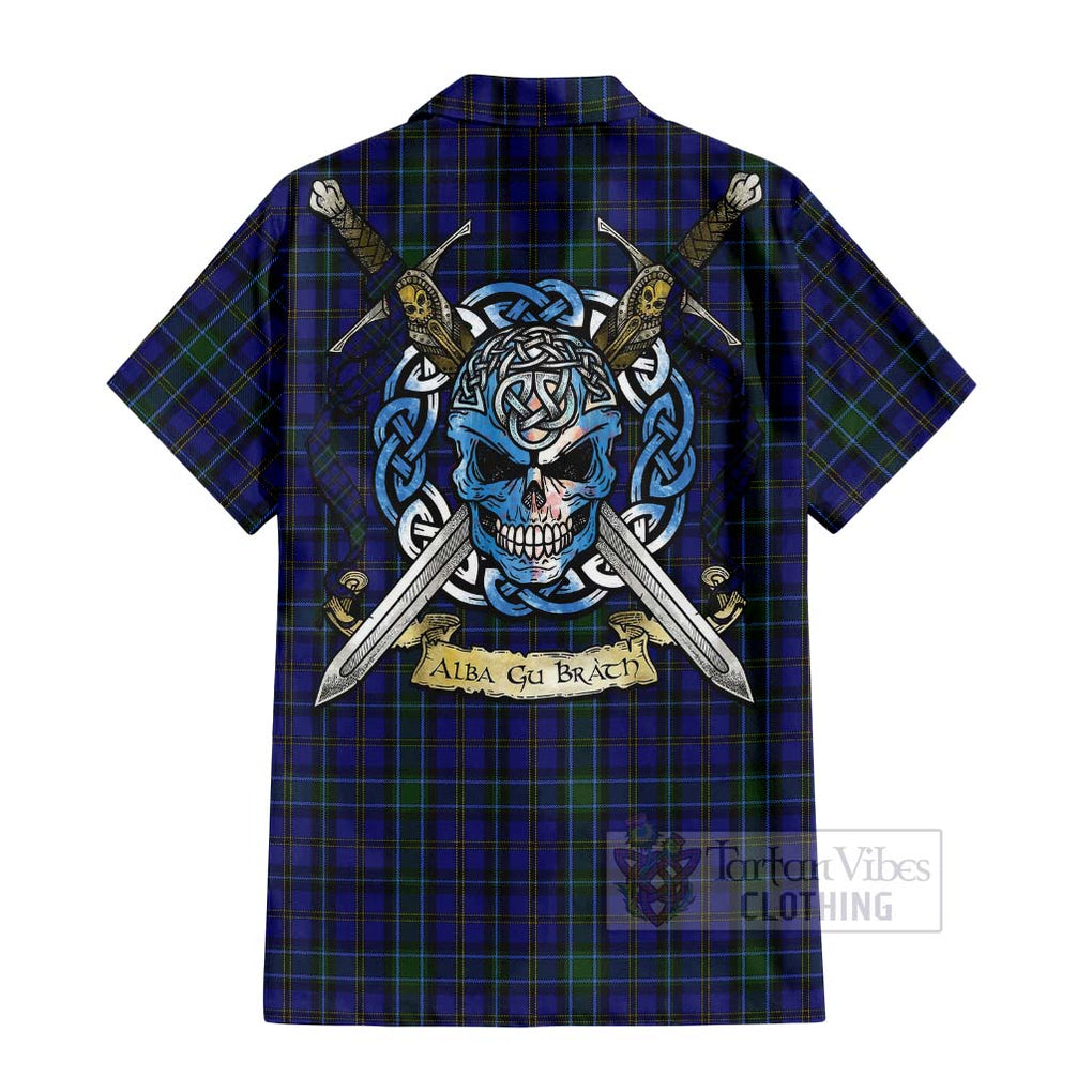 Tartan Vibes Clothing Weir Tartan Short Sleeve Button Shirt with Family Crest Celtic Skull Style