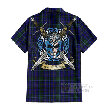 Weir Tartan Short Sleeve Button Shirt with Family Crest Celtic Skull Style