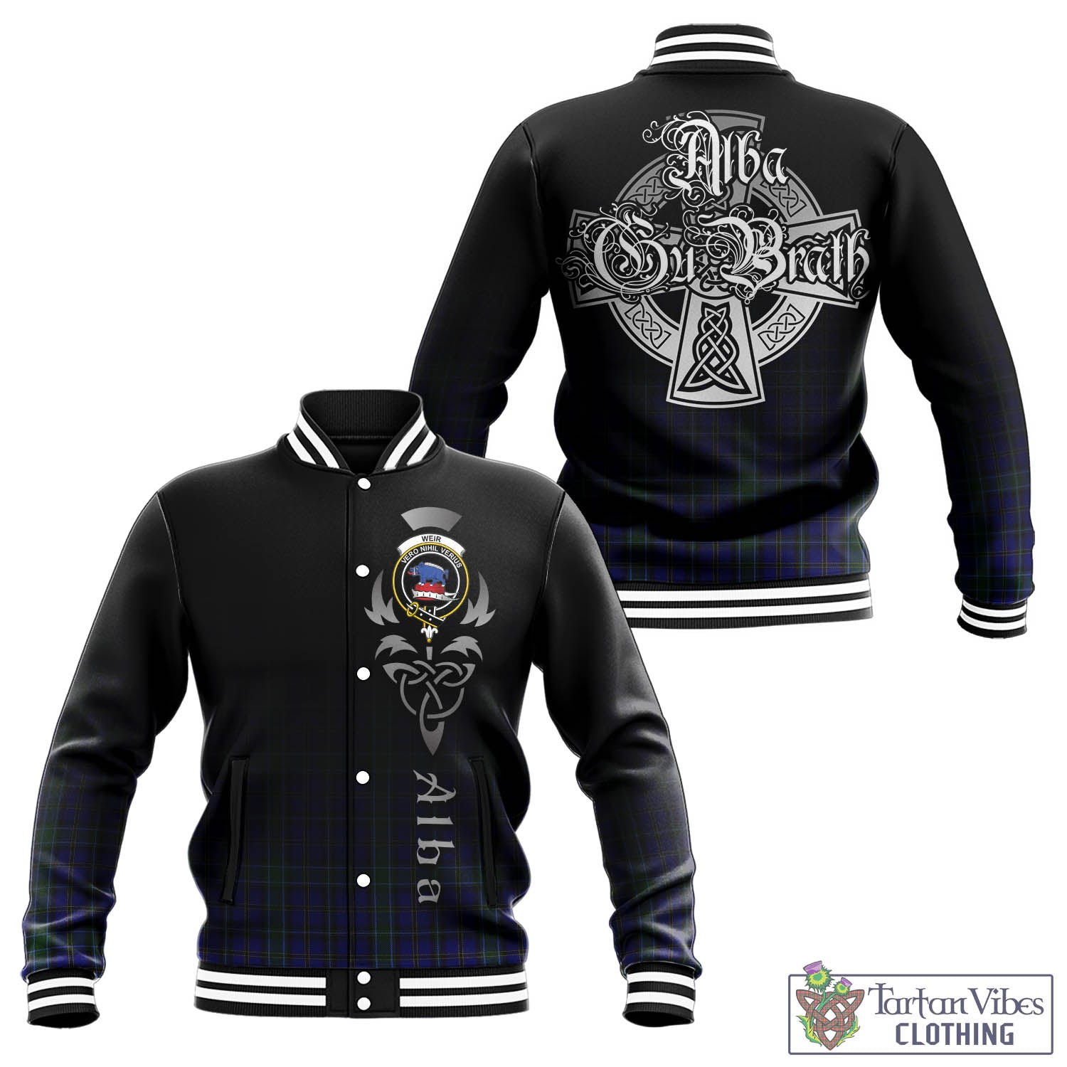 Tartan Vibes Clothing Weir Tartan Baseball Jacket Featuring Alba Gu Brath Family Crest Celtic Inspired