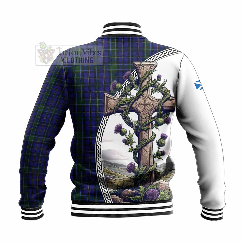 Tartan Vibes Clothing Weir Tartan Baseball Jacket with Family Crest and St. Andrew's Cross Accented by Thistle Vines