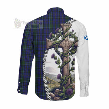 Weir Tartan Long Sleeve Button Shirt with Family Crest and St. Andrew's Cross Accented by Thistle Vines