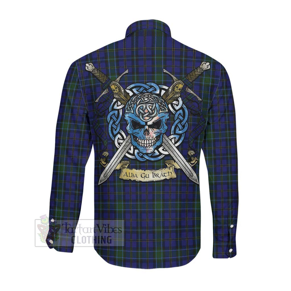 Tartan Vibes Clothing Weir Tartan Long Sleeve Button Shirt with Family Crest Celtic Skull Style