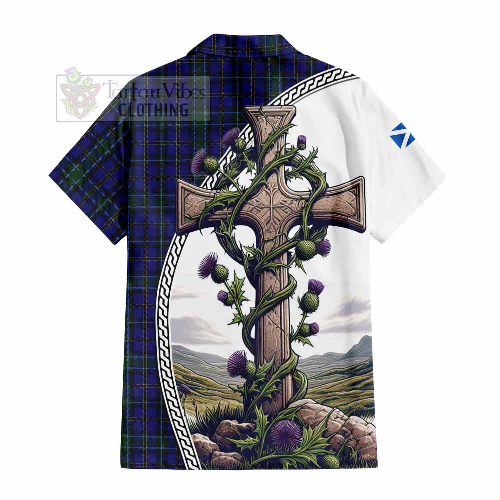 Tartan Vibes Clothing Weir Tartan Short Sleeve Button Shirt with Family Crest and St. Andrew's Cross Accented by Thistle Vines