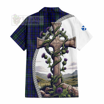 Weir Tartan Short Sleeve Button Shirt with Family Crest and St. Andrew's Cross Accented by Thistle Vines