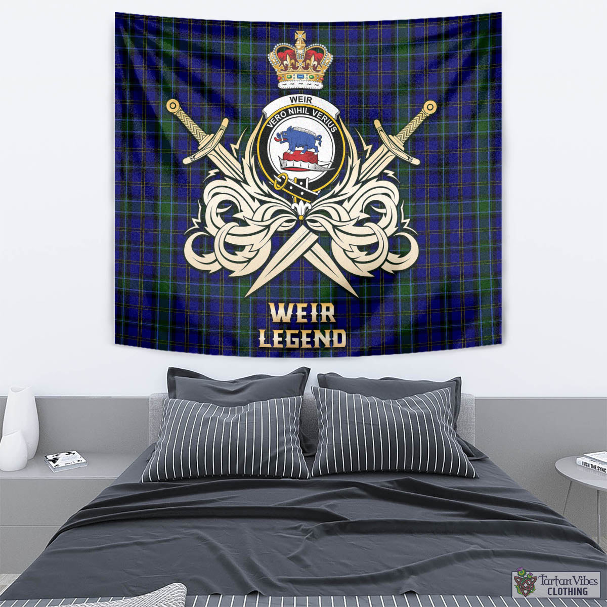 Tartan Vibes Clothing Weir Tartan Tapestry with Clan Crest and the Golden Sword of Courageous Legacy