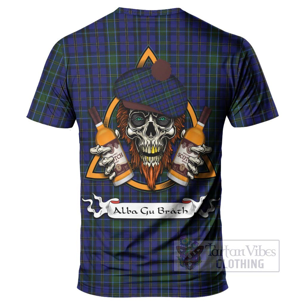 Tartan Vibes Clothing Weir Tartan T-Shirt with Family Crest and Bearded Skull Holding Bottles of Whiskey