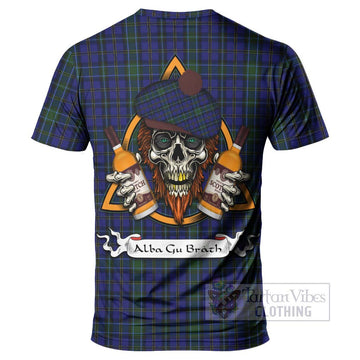 Weir Tartan T-Shirt with Family Crest and Bearded Skull Holding Bottles of Whiskey