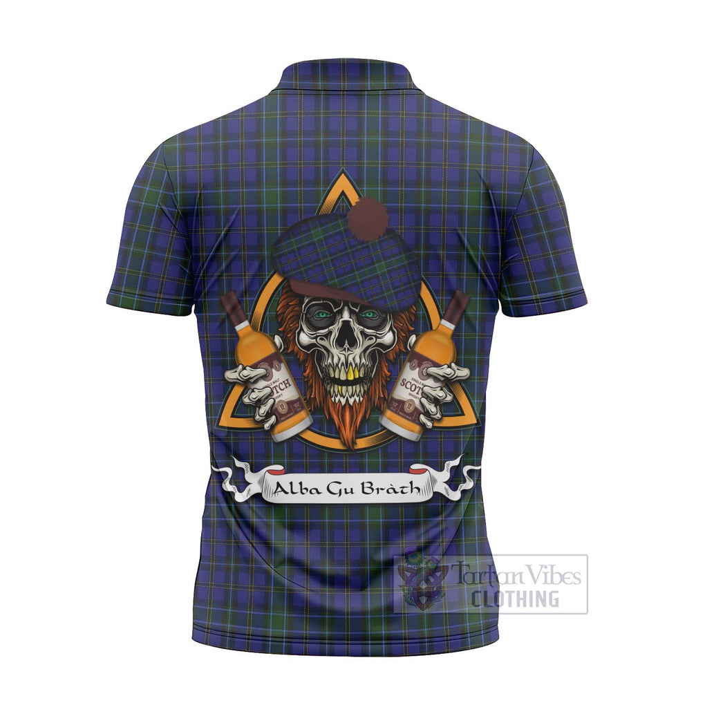 Tartan Vibes Clothing Weir Tartan Zipper Polo Shirt with Family Crest and Bearded Skull Holding Bottles of Whiskey