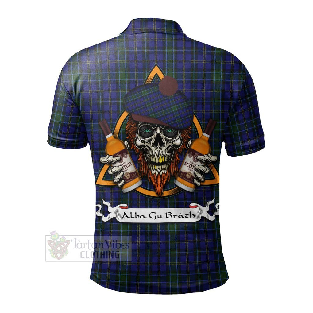 Tartan Vibes Clothing Weir Tartan Polo Shirt with Family Crest and Bearded Skull Holding Bottles of Whiskey