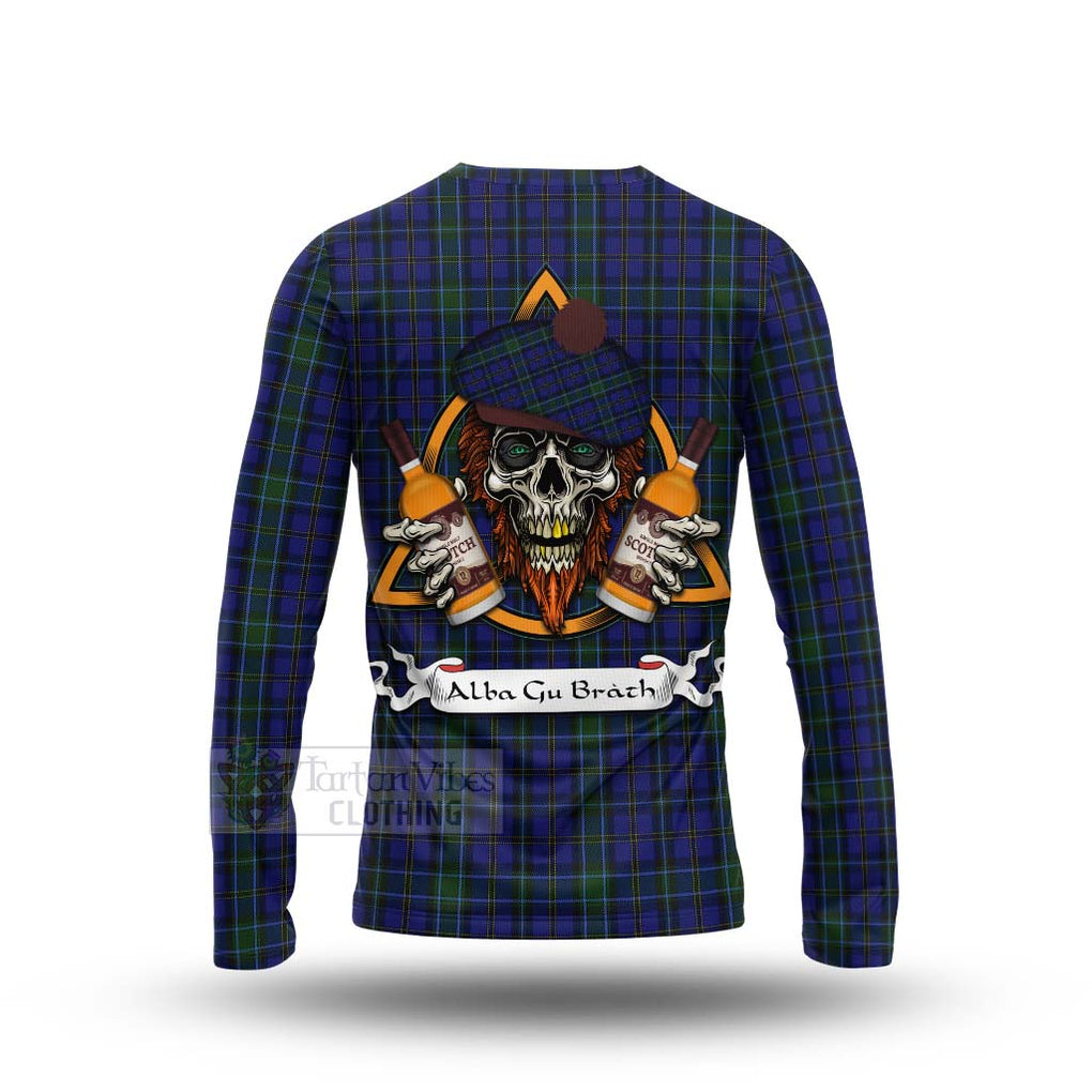 Tartan Vibes Clothing Weir Tartan Long Sleeve T-Shirt with Family Crest and Bearded Skull Holding Bottles of Whiskey