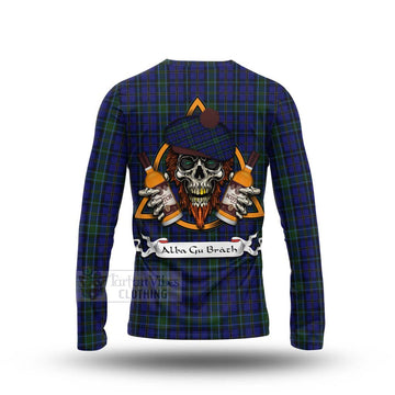 Weir Tartan Long Sleeve T-Shirt with Family Crest and Bearded Skull Holding Bottles of Whiskey