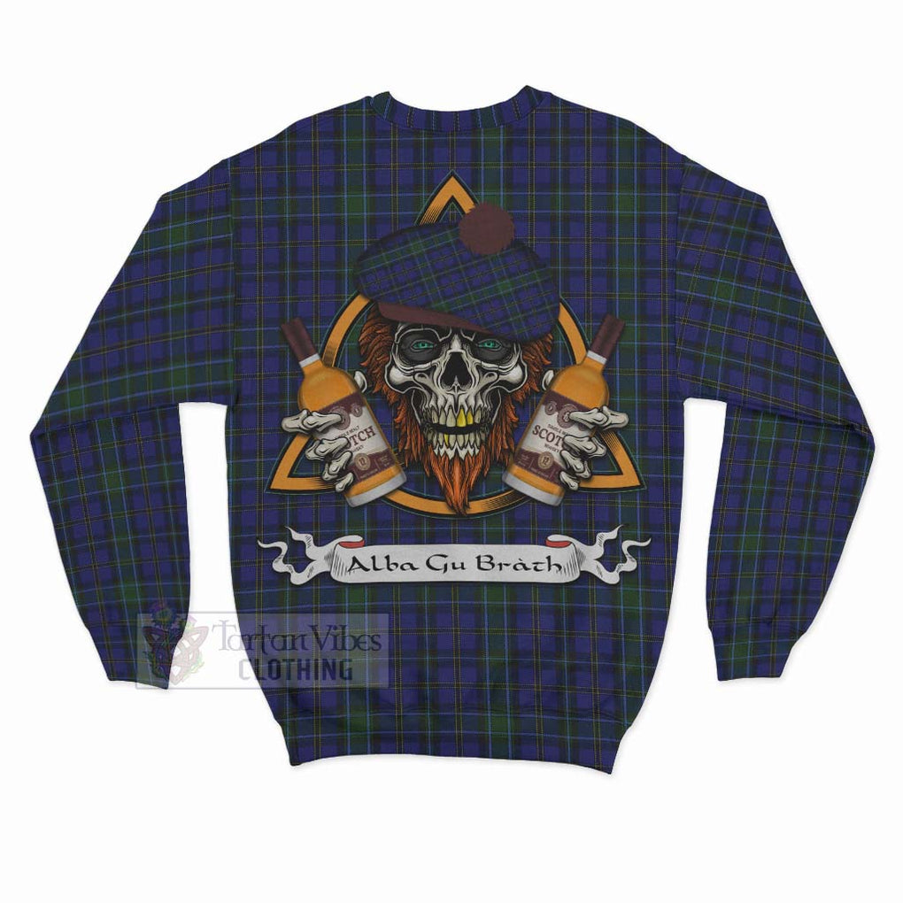 Tartan Vibes Clothing Weir Tartan Sweatshirt with Family Crest and Bearded Skull Holding Bottles of Whiskey