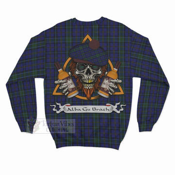 Weir Tartan Sweatshirt with Family Crest and Bearded Skull Holding Bottles of Whiskey