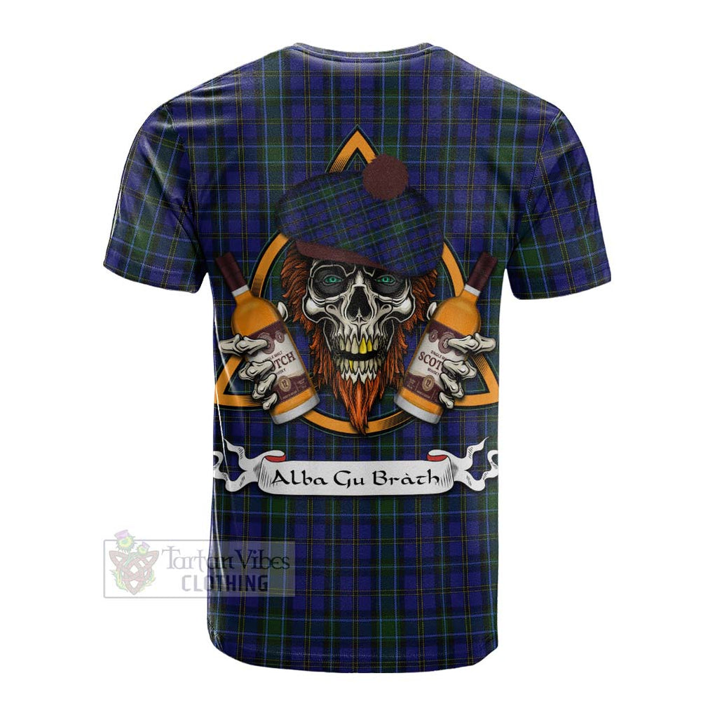 Tartan Vibes Clothing Weir Tartan Cotton T-shirt with Family Crest and Bearded Skull Holding Bottles of Whiskey