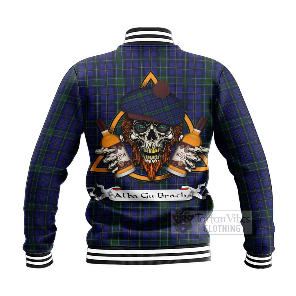 Tartan Vibes Clothing Weir Tartan Baseball Jacket with Family Crest and Bearded Skull Holding Bottles of Whiskey