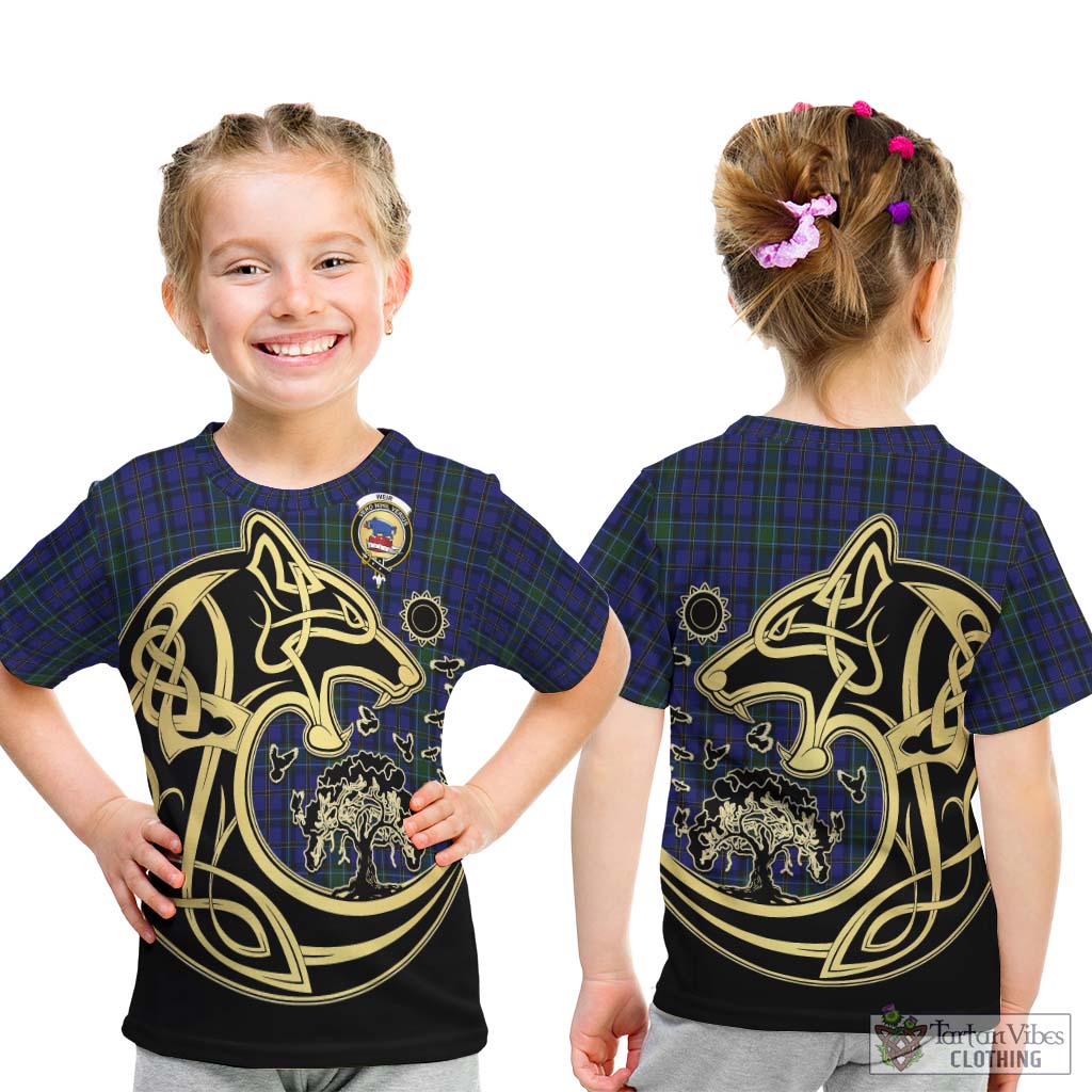 Tartan Vibes Clothing Weir Tartan Kid T-Shirt with Family Crest Celtic Wolf Style