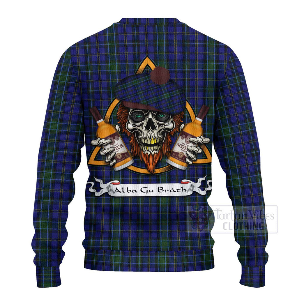 Tartan Vibes Clothing Weir Tartan Knitted Sweater with Family Crest and Bearded Skull Holding Bottles of Whiskey