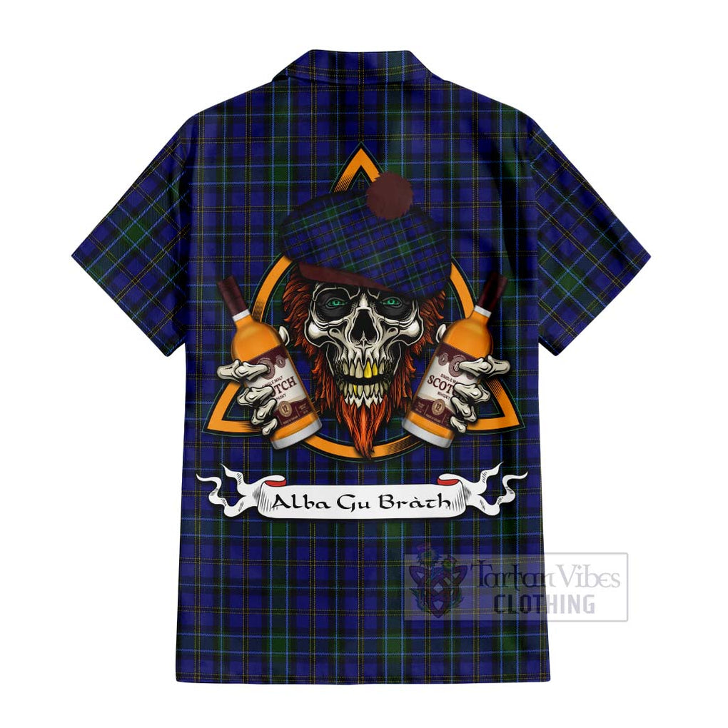 Tartan Vibes Clothing Weir Tartan Short Sleeve Button Shirt with Family Crest and Bearded Skull Holding Bottles of Whiskey