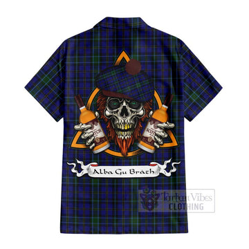 Weir Tartan Short Sleeve Button Shirt with Family Crest and Bearded Skull Holding Bottles of Whiskey