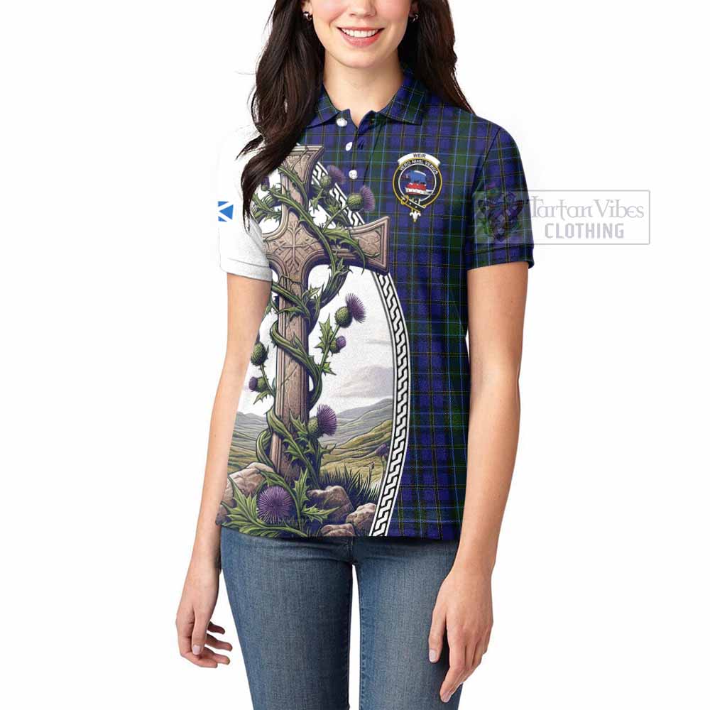 Tartan Vibes Clothing Weir Tartan Women's Polo Shirt with Family Crest and St. Andrew's Cross Accented by Thistle Vines