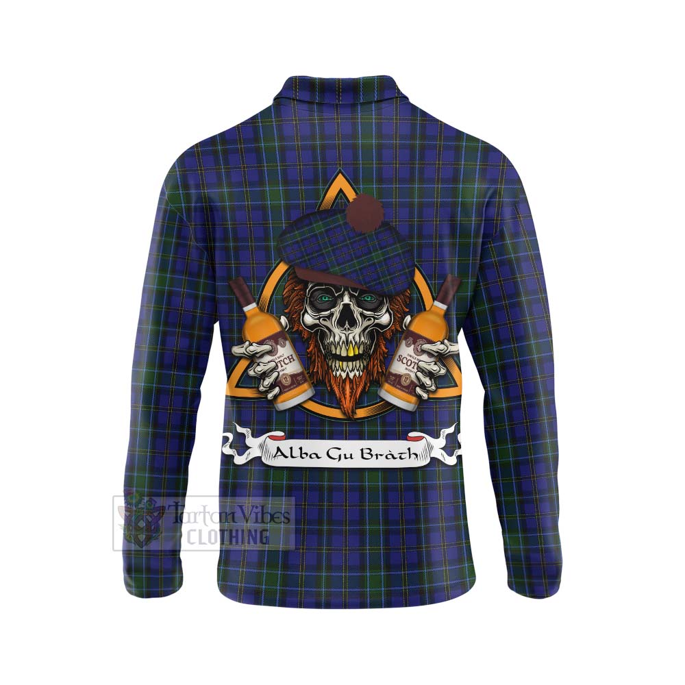 Tartan Vibes Clothing Weir Tartan Long Sleeve Polo Shirt with Family Crest and Bearded Skull Holding Bottles of Whiskey