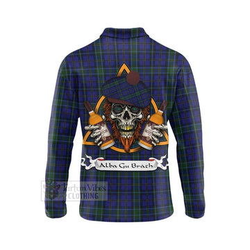 Weir Tartan Long Sleeve Polo Shirt with Family Crest and Bearded Skull Holding Bottles of Whiskey