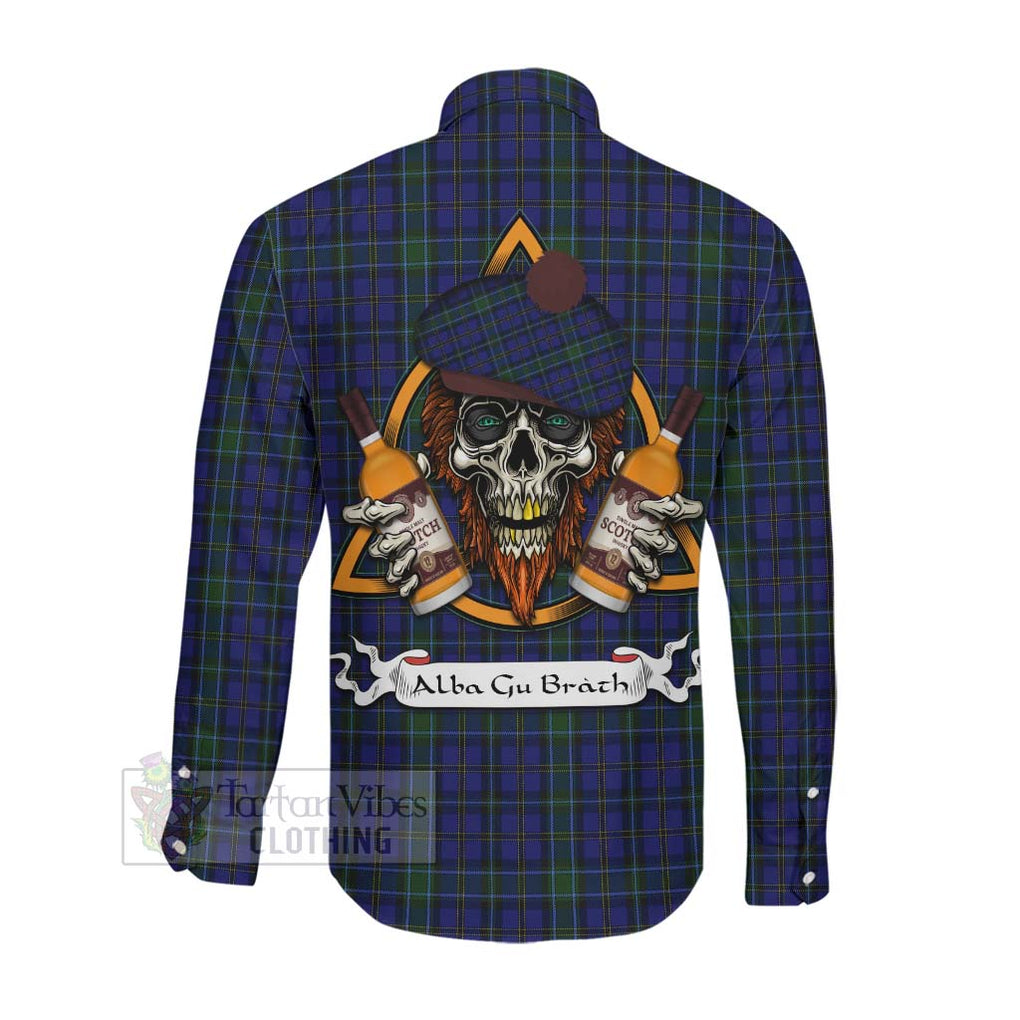 Tartan Vibes Clothing Weir Tartan Long Sleeve Button Shirt with Family Crest and Bearded Skull Holding Bottles of Whiskey