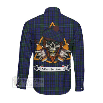 Weir Tartan Long Sleeve Button Shirt with Family Crest and Bearded Skull Holding Bottles of Whiskey