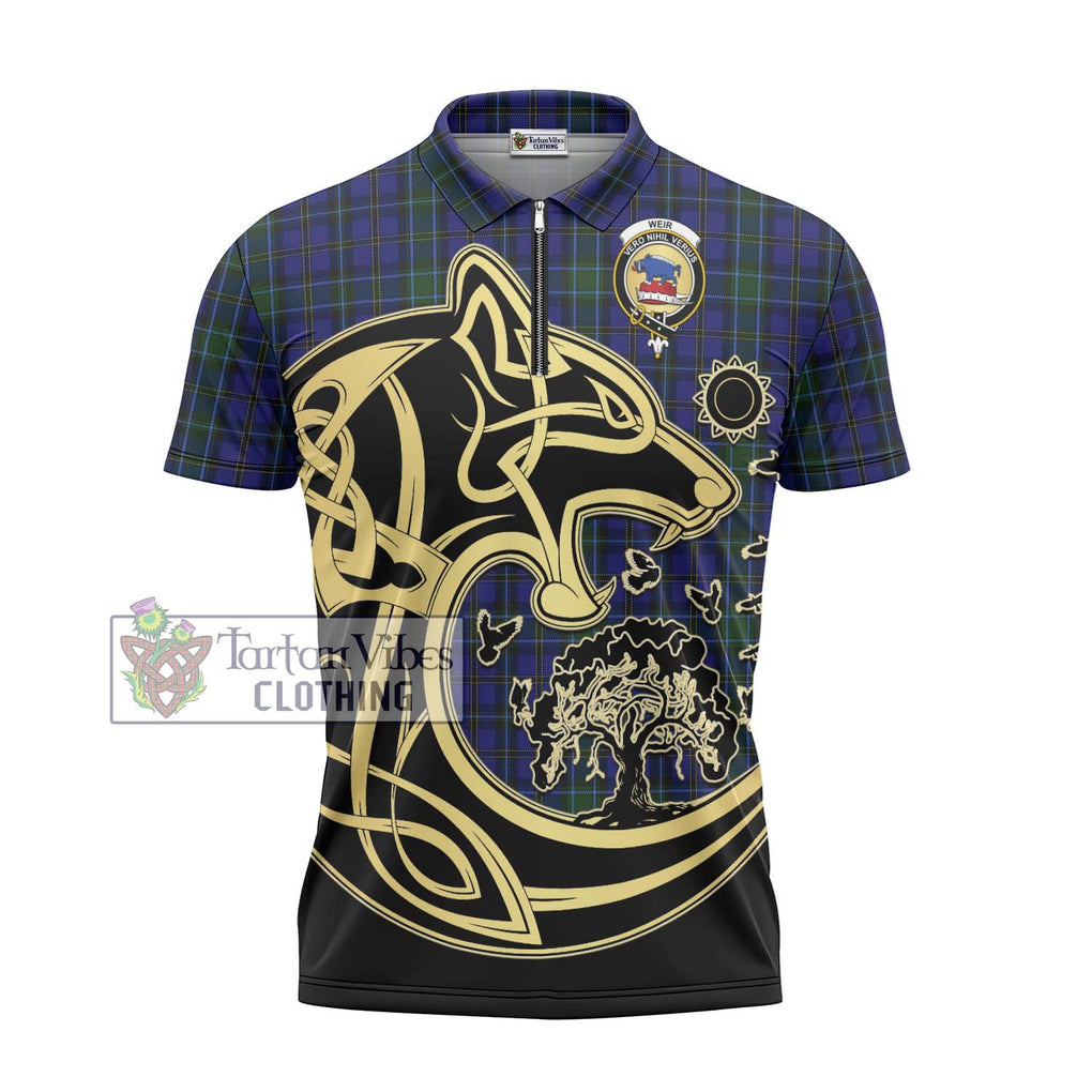 Weir Tartan Zipper Polo Shirt with Family Crest Celtic Wolf Style - Tartanvibesclothing Shop