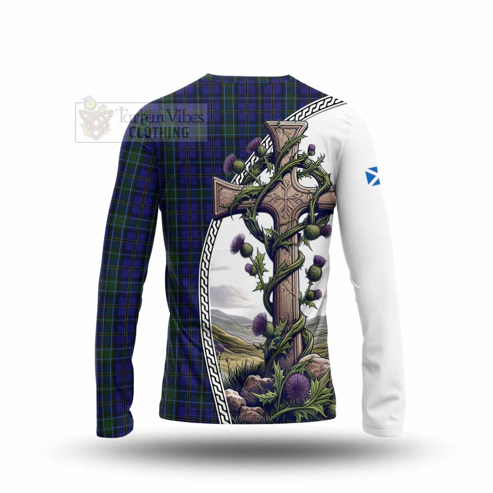 Tartan Vibes Clothing Weir Tartan Long Sleeve T-Shirt with Family Crest and St. Andrew's Cross Accented by Thistle Vines